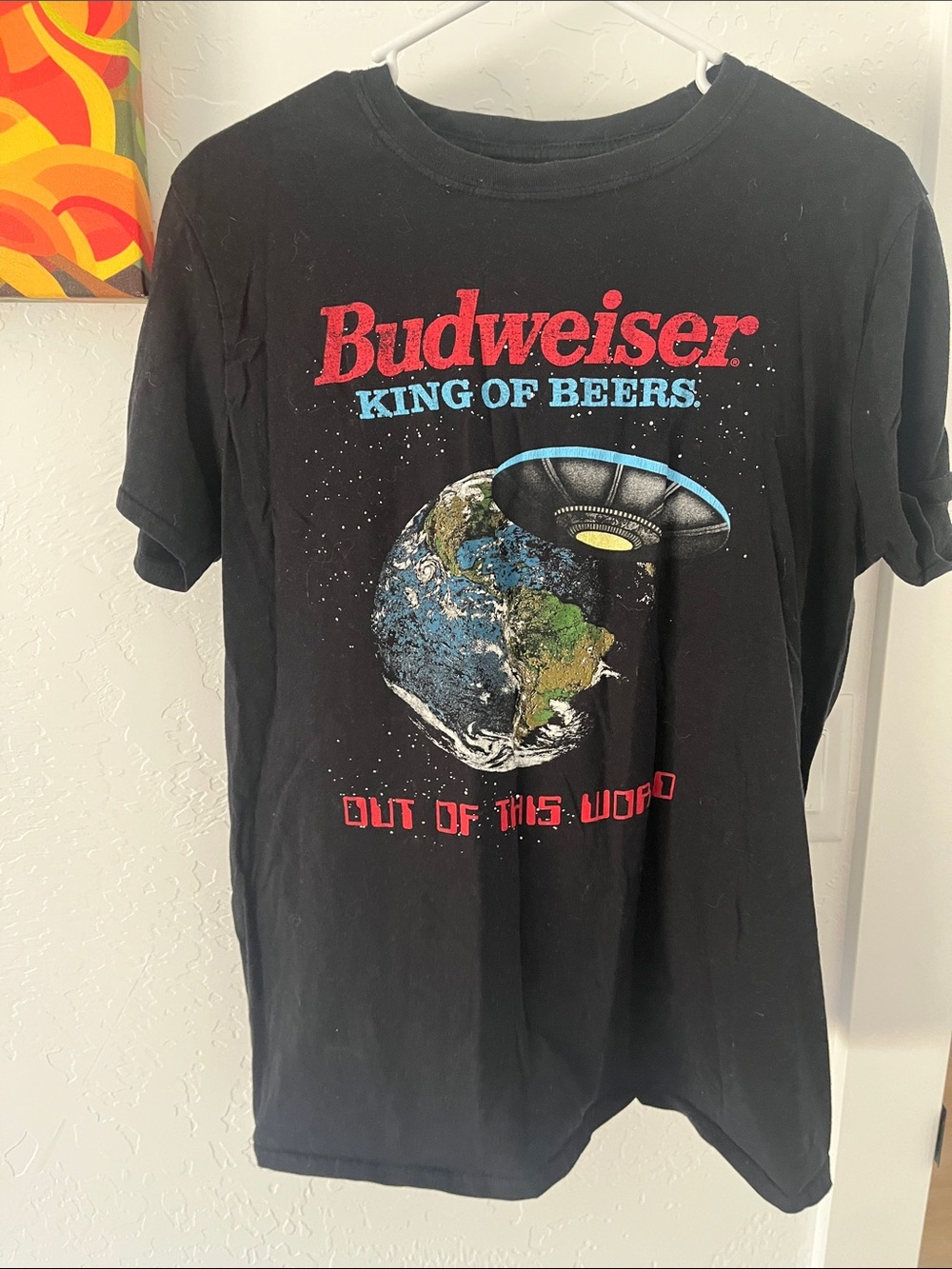 Budweiser Black Tee with Red Logo and Multicolor Space Graphic